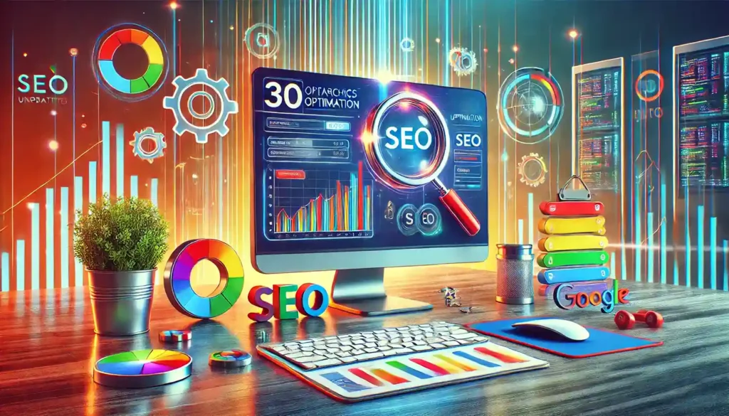 A-visually-engaging-illustration-of-SEO-optimization-for-Googles-algorithm-update.-The-image-features-a-vibrant-and-modern-workspace-with-a-computer